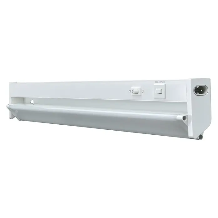 E2 elektro LED-Lichtleiste Swing - L x B x H: 55,6 x 2,4 x 6,1 cm, Lichtfarbe: Warmweiß, 8 W, 220 V - 240 V - Nahaufnahme einer weißen Unterbauleuchte mit Schaltern und Steckdose.