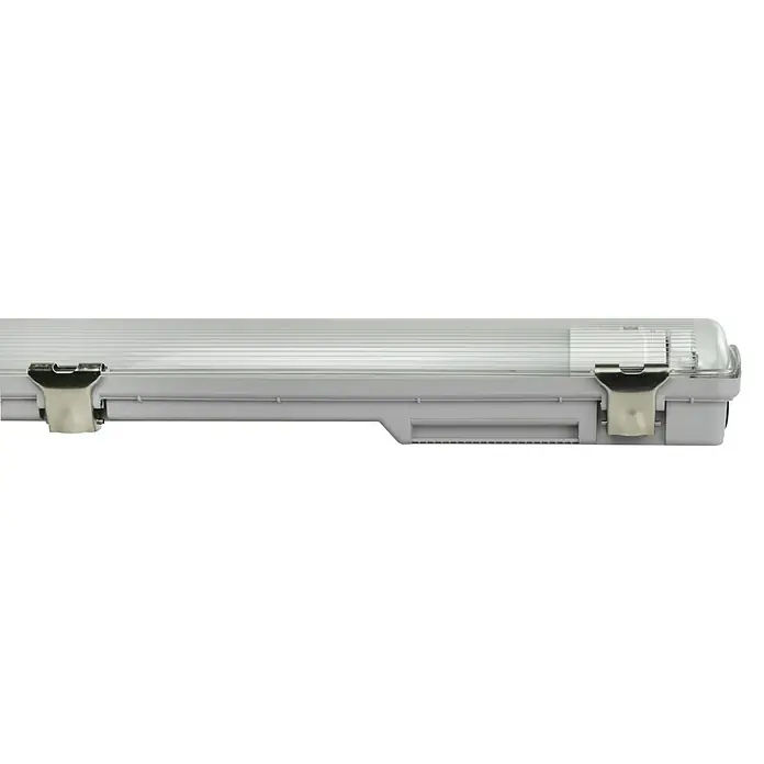 E2 elektro LED-Feuchtraumlichtleiste Classic Power - L x B x H: 128,3 x 7,5 x 5,2 cm, Lichtfarbe: Neutralweiß, 18 W, IP65 - Eine wasserdichte LED-Leuchte, ideal für anspruchsvolle Umgebungen, mit robusten Metallclips zur sicheren Befestigung und klarer Abdeckung.