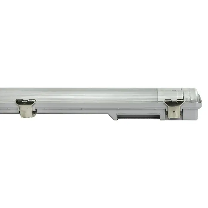 E2 elektro LED-Feuchtraumlichtleiste Classic Power - L x B x H: 158,3 x 8,8 x 5,2 cm, Lichtfarbe: Neutralweiß, 48 W, IP65 - Das Bild zeigt eine wasserdichte LED-Leuchte mit Clips zur Befestigung, ideal für feuchte Umgebungen.