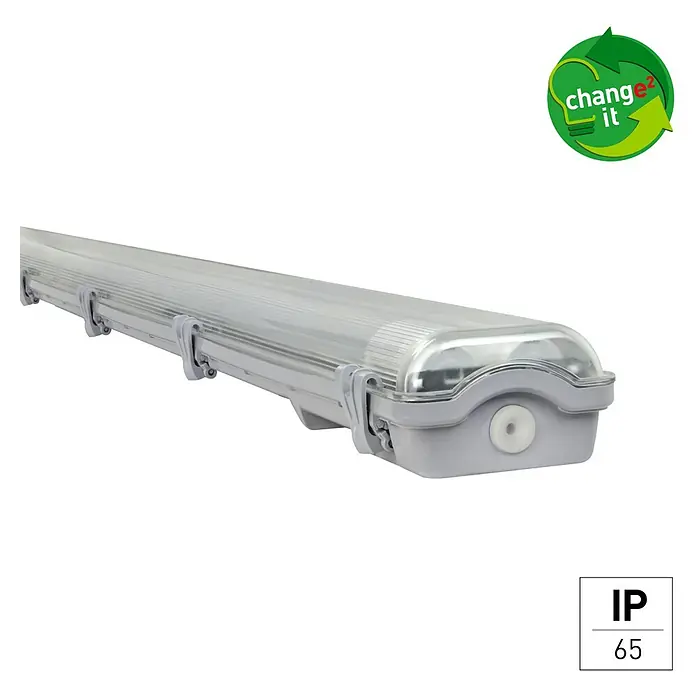 E2 elektro LED-Feuchtraumlichtleiste Classic - L x B x H: 126,8 x 8,8 x 5,2 cm, Lichtfarbe: Neutralweiß, 36 W, IP65 - Bild einer LED-Feuchtraumleuchte mit grauer Fassung und klarem Schutz.
