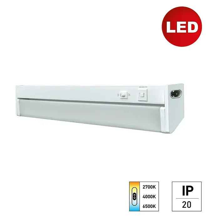 E2 elektro LED-Lichtleiste Swing - L x B x H: 55,6 x 2,4 x 6,1 cm, Lichtfarbe: Warmweiß, 8 W, 220 V - 240 V - Nahaufnahme einer LED-Unterbauleuchte mit Schaltern zur Lichtsteuerung und Farbtemperaturwahl.
