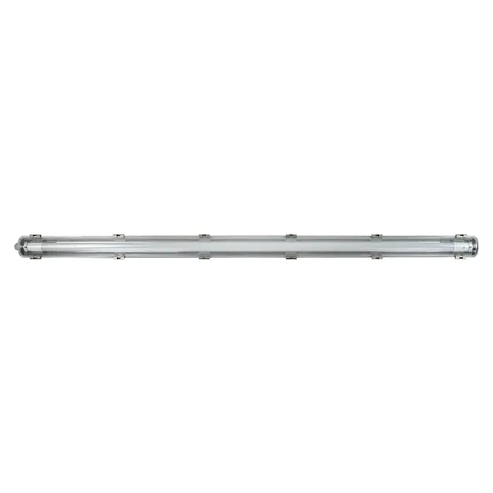 E2 elektro LED-Feuchtraumlichtleiste Classic Power - L x B x H: 128,3 x 7,5 x 5,2 cm, Lichtfarbe: Neutralweiß, 18 W, IP65 - Ein langes, schlauchförmiges LED-Licht mit silbernen Halterungen.