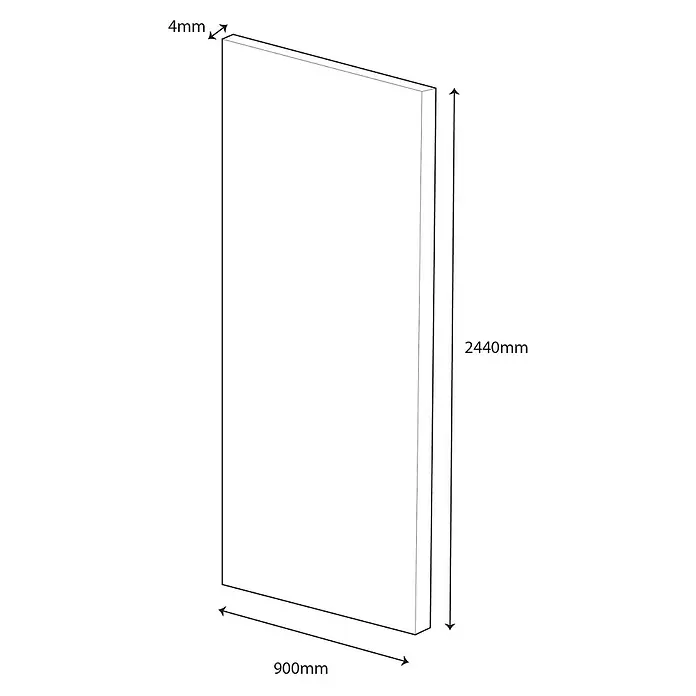 Wetwall Wandpaneel Alloy - 90 x 244 cm, Calacatta Fantasia - Perspektivische Darstellung einer 4 mm dünnen, 900 mm breiten und 2440 mm hohen Platte. Ideal für diverse Anwendungen.