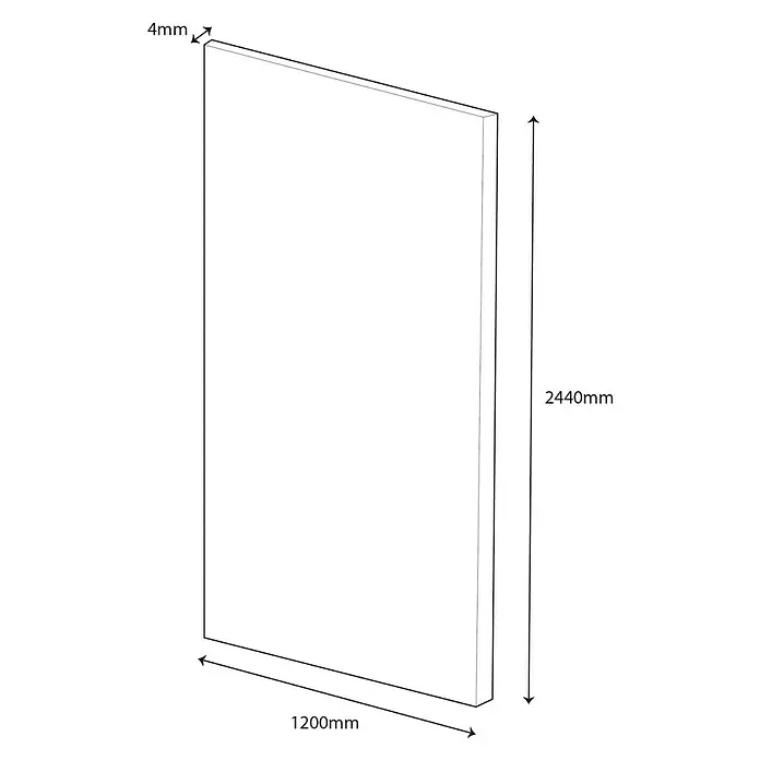 Wetwall Wandpaneel Alloy - 122 x 244 cm, Bianco Venato - Abbildung einer Platte mit den Maßen 1200mm x 2440mm und einer Dicke von 4mm. Das Produkt ist für diverse Anwendungen geeignet.