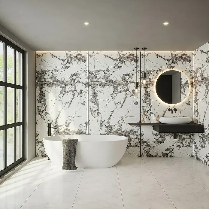 Wetwall Wandpaneel Alloy - 90 x 244 cm, Calacatta Fantasia - Ein stilvolles Badezimmer mit freistehender Badewanne, Marmorwänden und einem beleuchteten Spiegel für eine entspannende Atmosphäre.