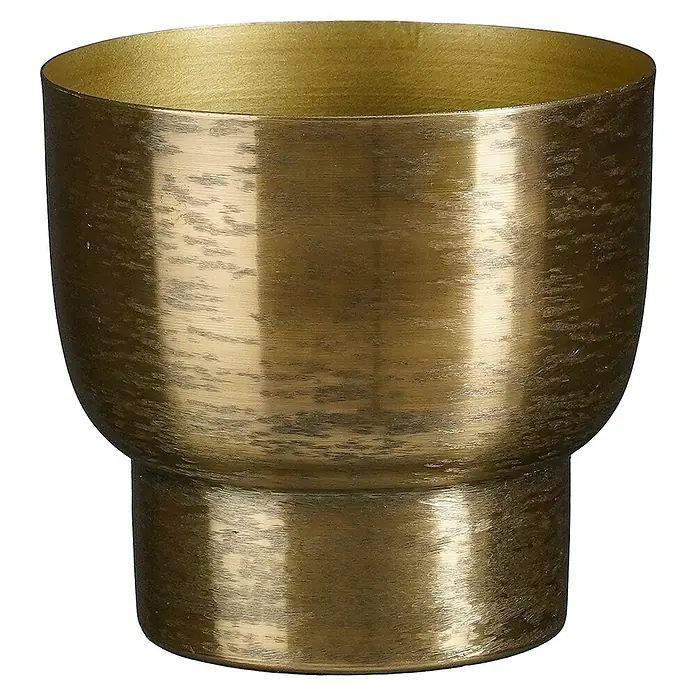 Mica Decorations Pflanztopf Curtis - Außenmaß (Ø x H): 13 x 12,5 cm, Metall, Dunkelgold - Nahaufnahme eines goldfarbenen Pflanzgefäßes mit Sockel, ideal für Zimmerpflanzen. Die glänzende Oberfläche sorgt für eine elegante Note.