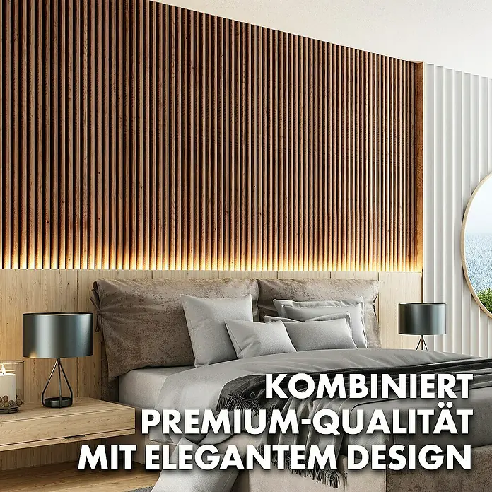 Floordirekt Akustikpaneel Echtholzfurnier 118 x 60 x 2,1 cm Black Walnut - Black Walnut, L x B x S: 118 cm x 60 cm x 21 mm, 1 Stk., 0,71 m² - Schlafzimmer mit einer Akustik Wandpaneel aus Holz, die Premium-Qualität und elegantes Design kombiniert.