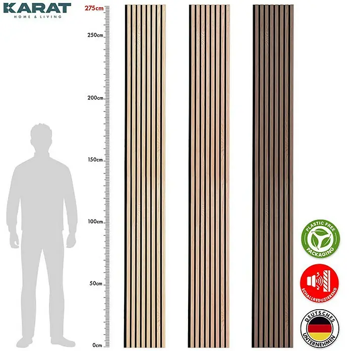 Floordirekt Akustikpaneel Echtholzfurnier 275 x 27 x 2,1 cm White Oak - White Oak, L x B x S: 275 cm x 27 cm x 21 mm, 1 Stk., 0,74 m² - Abbildung von drei Wandpaneelen in verschiedenen Farben mit Größenangabe und Logos für umweltfreundliche Eigenschaften.