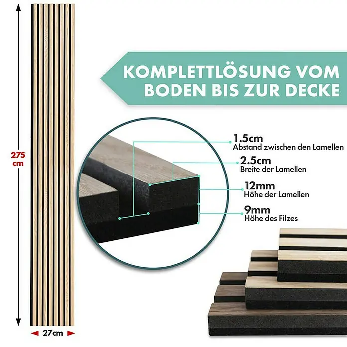 Floordirekt Akustikpaneel Echtholzfurnier 275 x 27 x 2,1 cm White Oak - White Oak, L x B x S: 275 cm x 27 cm x 21 mm, 1 Stk., 0,74 m² - Abbildung einer Akustikpaneele aus Holzlatten auf Filz mit Maßangaben zu Länge, Breite und Höhe der Lamellen und des Filzes.