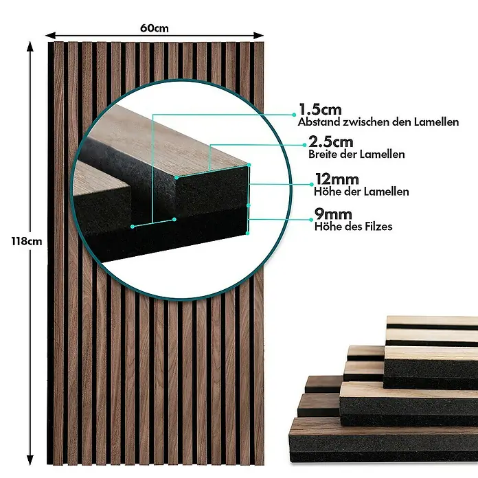Floordirekt Akustikpaneel Echtholzfurnier 118 x 60 x 2,1 cm Black Walnut - Black Walnut, L x B x S: 118 cm x 60 cm x 21 mm, 1 Stk., 0,71 m² - Bild einer Akustikpaneelwand mit Holzlatten und Filz, Maße 118x60cm, Detailansicht der Lattenstruktur mit Abstands- und Höhenangaben.