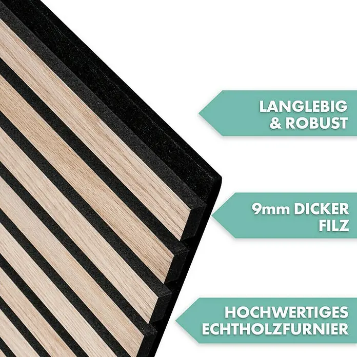 Floordirekt Akustikpaneel Echtholzfurnier 275 x 27 x 2,1 cm White Oak - White Oak, L x B x S: 275 cm x 27 cm x 21 mm, 1 Stk., 0,74 m² - Nahaufnahme einer akustischen Holzpaneele mit Echtholzfurnier und Filz. Das Paneel ist langlebig und robust.