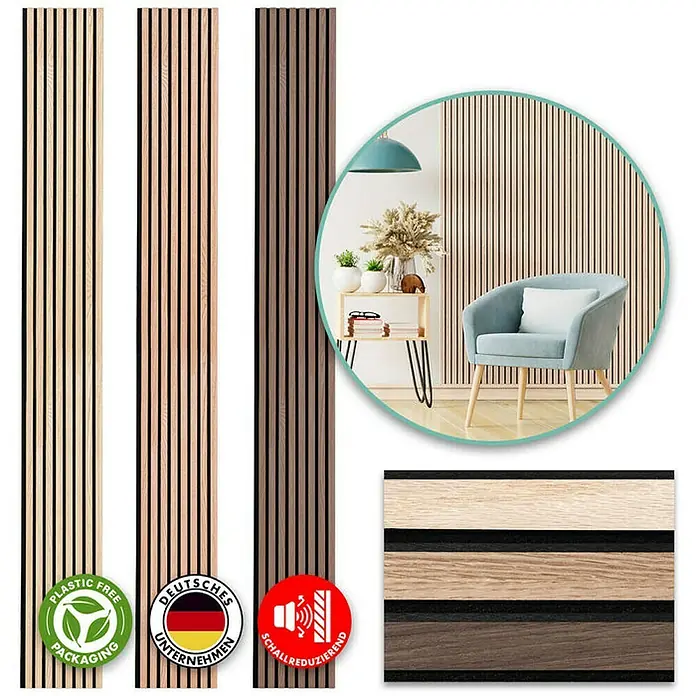 Floordirekt Akustikpaneel Echtholzfurnier 275 x 27 x 2,1 cm White Oak - White Oak, L x B x S: 275 cm x 27 cm x 21 mm, 1 Stk., 0,74 m² - Bild von Akustikpaneelen in verschiedenen Farben, die eine Wanddekoration mit schallreduzierenden Eigenschaften darstellen.