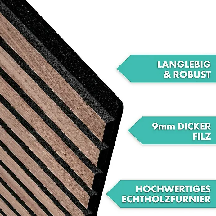 Floordirekt Akustikpaneel Echtholzfurnier 118 x 60 x 2,1 cm Black Walnut - Black Walnut, L x B x S: 118 cm x 60 cm x 21 mm, 1 Stk., 0,71 m² - Akustikpaneel mit Echtholzfurnier und 9mm Filz für Schallabsorption und modernes Design.\n