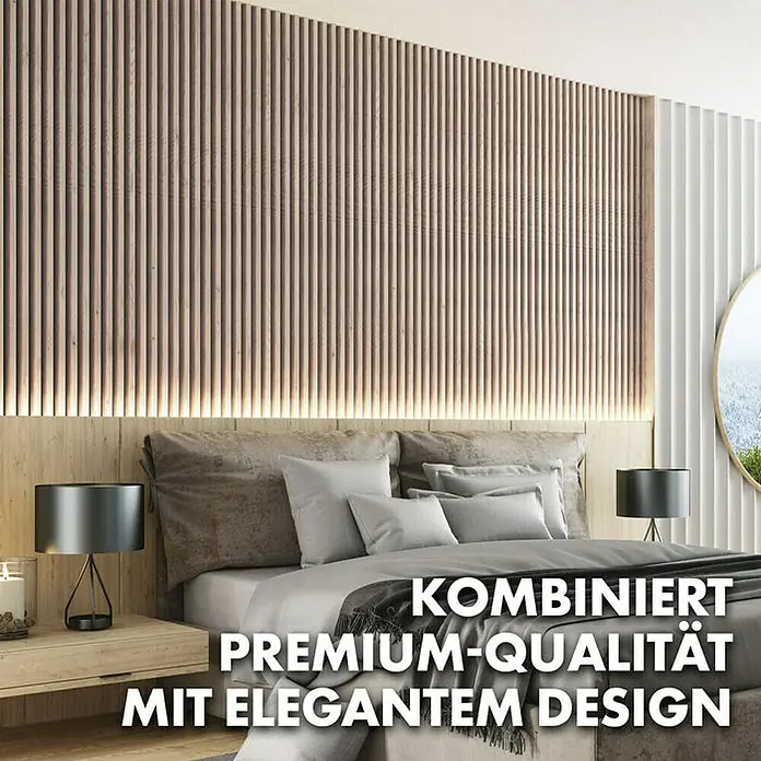 Floordirekt Akustikpaneel Echtholzfurnier 275 x 27 x 2,1 cm White Oak - White Oak, L x B x S: 275 cm x 27 cm x 21 mm, 1 Stk., 0,74 m² - Schlafzimmer mit Wandpaneelen in Holzoptik, die eine warme Atmosphäre schaffen. Premium-Qualität mit elegantem Design.