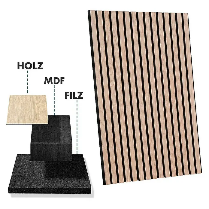 Floordirekt Akustikpaneel Echtholzfurnier 60 x 60 x 2,1 cm White Oak - White Oak, L x B x S: 60 cm x 60 cm x 21 mm, 1 Stk., 0,36 m² - Produktbild einer Akustikplatte mit Holz, MDF und Filz für eine verbesserte Raumakustik und ein stilvolles Design.