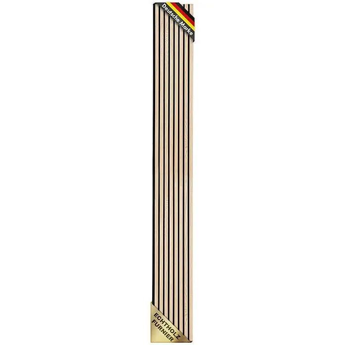 Floordirekt Akustikpaneel Echtholzfurnier 275 x 27 x 2,1 cm White Oak - White Oak, L x B x S: 275 cm x 27 cm x 21 mm, 1 Stk., 0,74 m² - Holzpaneel mit Furnier. Das Paneel ist mit dem Aufdruck „Deutsche Marke“ und „Echtholz Furnier“ versehen.