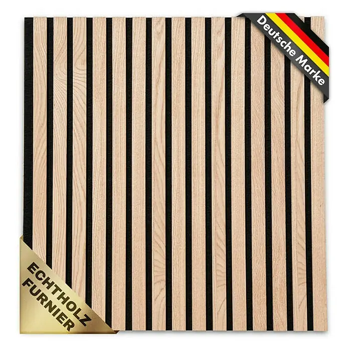 Floordirekt Akustikpaneel Echtholzfurnier 60 x 60 x 2,1 cm White Oak - White Oak, L x B x S: 60 cm x 60 cm x 21 mm, 1 Stk., 0,36 m² - Bild einer Holzpaneele mit dem Aufdruck "Deutsche Marke" und "Echtholz Furnier" für eine hochwertige Wandverkleidung.