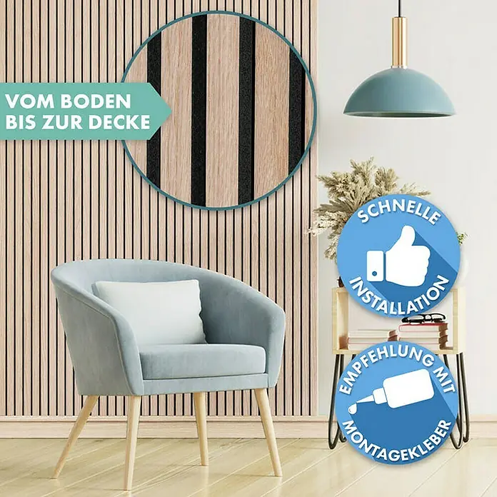 Floordirekt Akustikpaneel Echtholzfurnier 275 x 27 x 2,1 cm White Oak - White Oak, L x B x S: 275 cm x 27 cm x 21 mm, 1 Stk., 0,74 m² - Einrichtung mit Akustikpaneelen: Moderne Wandgestaltung kombiniert mit Komfort durch einen eleganten Sessel und stilvolle Dekoration.