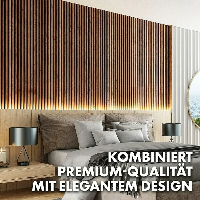 Floordirekt Akustikpaneel Echtholzfurnier 60 x 60 x 2,1 cm Black Walnut - Black Walnut, L x B x S: 60 cm x 60 cm x 21 mm, 1 Stk., 0,36 m² - Edles Schlafzimmerdesign mit Akustikpaneelen in Holzoptik und LED-Beleuchtung. Die Paneele vereinen Premium-Qualität mit elegantem Design für eine stilvolle Wandgestaltung.