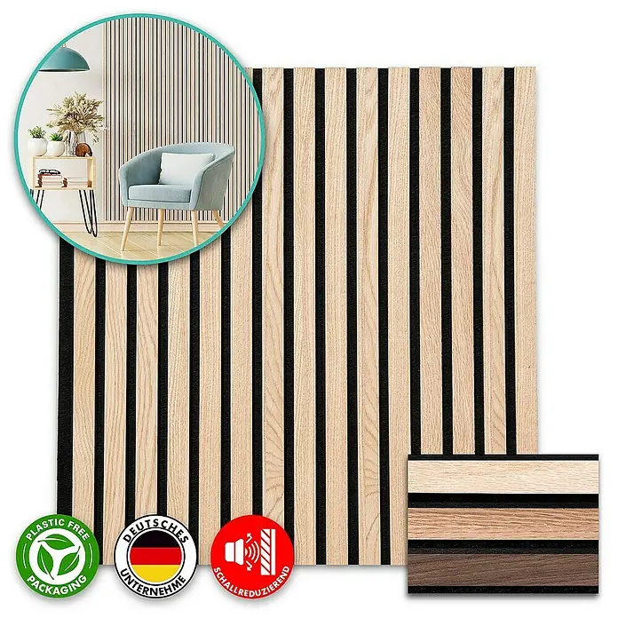 Floordirekt Akustikpaneel Echtholzfurnier 60 x 60 x 2,1 cm White Oak - White Oak, L x B x S: 60 cm x 60 cm x 21 mm, 1 Stk., 0,36 m² - Holzpaneel für Wandverkleidung mit Akustikfunktion. Ideal für modernes Innendesign und Schallreduzierung.