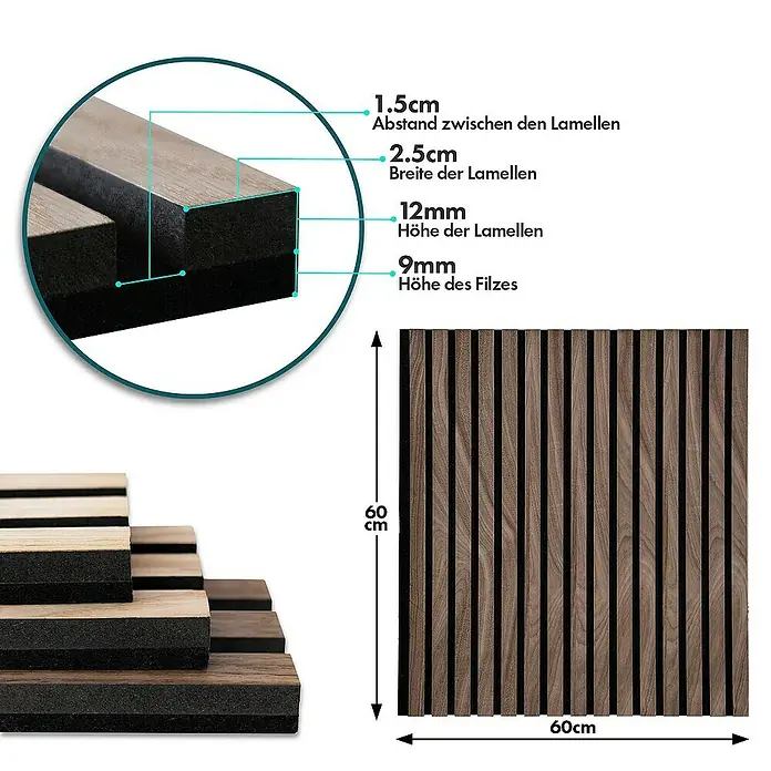 Floordirekt Akustikpaneel Echtholzfurnier 60 x 60 x 2,1 cm Black Walnut - Black Walnut, L x B x S: 60 cm x 60 cm x 21 mm, 1 Stk., 0,36 m² - Detailansicht eines Akustikpaneels mit Maßangaben zu Lamellenabstand, -breite und -höhe sowie Filzhöhe. Das Paneel ist 60x60 cm groß.