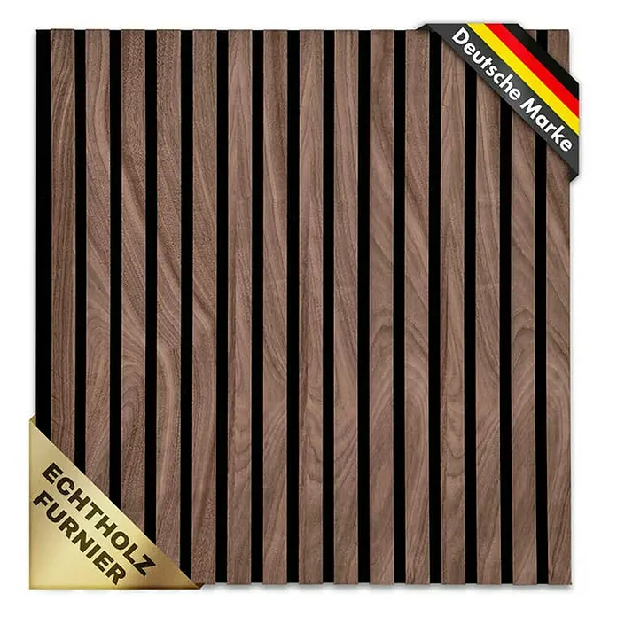 Floordirekt Akustikpaneel Echtholzfurnier 60 x 60 x 2,1 cm Black Walnut - Black Walnut, L x B x S: 60 cm x 60 cm x 21 mm, 1 Stk., 0,36 m² - Hochformatiges Bild einer Holzpaneele mit dem Vermerk "Deutsche Marke" und "Echtholz Furnier".