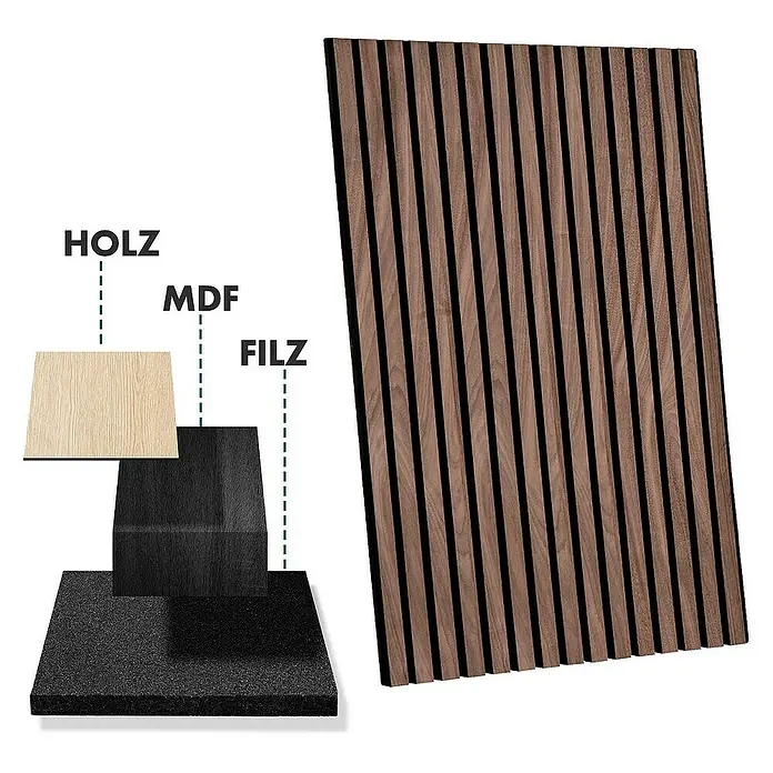 Floordirekt Akustikpaneel Echtholzfurnier 60 x 60 x 2,1 cm Black Walnut - Black Walnut, L x B x S: 60 cm x 60 cm x 21 mm, 1 Stk., 0,36 m² - Holzpaneel mit Holz-, MDF- und Filzschichten. Die Holzpaneele sind in verschiedenen Ausführungen erhältlich.