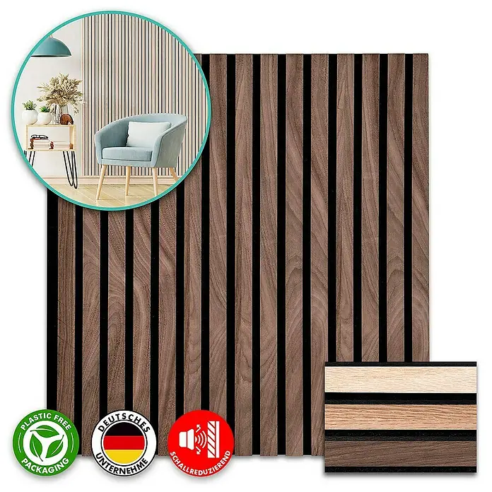 Floordirekt Akustikpaneel Echtholzfurnier 60 x 60 x 2,1 cm Black Walnut - Black Walnut, L x B x S: 60 cm x 60 cm x 21 mm, 1 Stk., 0,36 m² - Bild von geriffelten Akustikplatten zur Wandverkleidung in dunkler Holzoptik mit geräuschreduzierenden Eigenschaften.