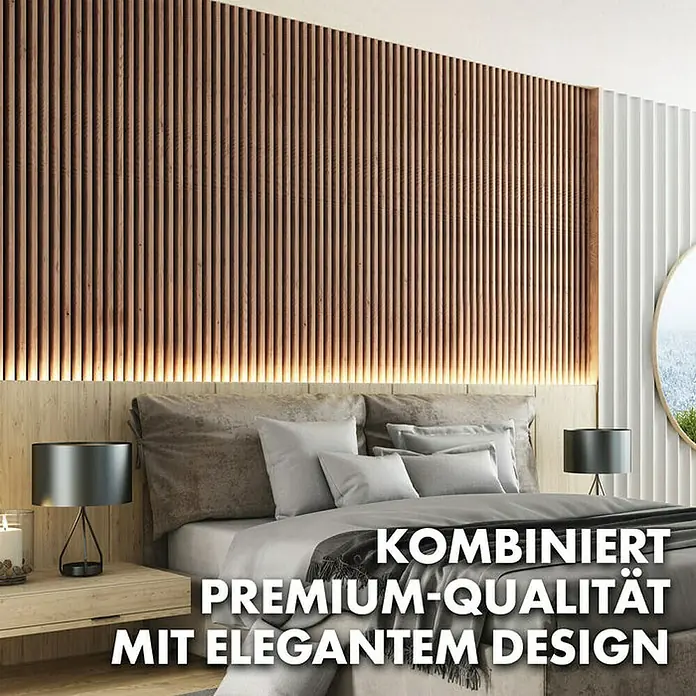 Floordirekt Akustikpaneel Echtholzfurnier 275 x 27 x 2,1 cm Red Oak - Red Oak, L x B x S: 275 cm x 27 cm x 21 mm, 1 Stk., 0,74 m² - Wandpaneele aus Holz mit vertikalen Lamellen in braun und weiß, die dem Schlafzimmer ein stilvolles Aussehen verleihen.