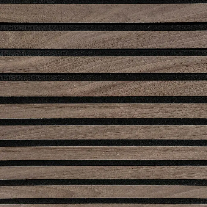 Floordirekt Akustikpaneel Echtholzfurnier 60 x 60 x 2,1 cm Black Walnut - Black Walnut, L x B x S: 60 cm x 60 cm x 21 mm, 1 Stk., 0,36 m² - Elegante Holzpaneele mit dunklen Akzenten. Die horizontalen Holzleisten erzeugen eine moderne und warme Wandverkleidung.