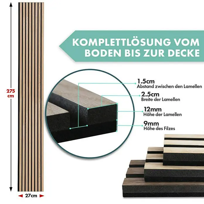 Floordirekt Akustikpaneel Echtholzfurnier 275 x 27 x 2,1 cm Red Oak - Red Oak, L x B x S: 275 cm x 27 cm x 21 mm, 1 Stk., 0,74 m² - Detailansicht einer Akustikpaneel-Komplettlösung für Wände und Decken mit Maßangaben zu Lamellenabstand, -breite, -höhe und Filzhöhe.