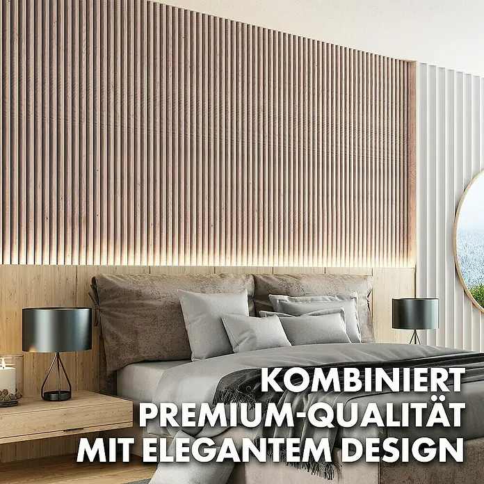 Floordirekt Akustikpaneel Echtholzfurnier 118 x 60 x 2,1 cm White Oak - White Oak, L x B x S: 118 cm x 60 cm x 21 mm, 1 Stk., 0,71 m² - Schlafzimmer mit stilvollem Holzwandpaneel hinter dem Bett und Nachttischlampen.