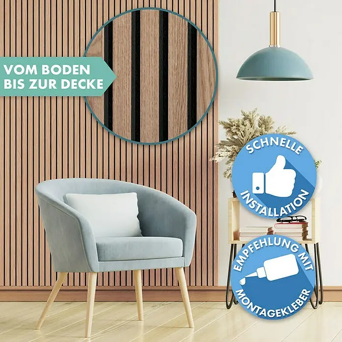 Floordirekt Akustikpaneel Echtholzfurnier 275 x 27 x 2,1 cm Red Oak - Red Oak, L x B x S: 275 cm x 27 cm x 21 mm, 1 Stk., 0,74 m² - Wandpaneele aus Holz mit einfacher Installation, die vom Boden bis zur Decke reichen. Eine stilvolle und moderne Wandgestaltung für jeden Raum.