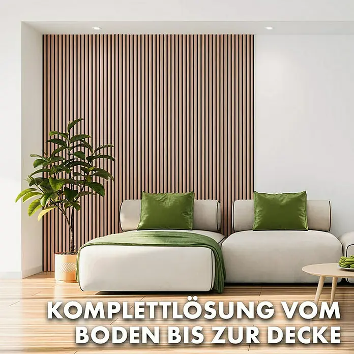 Floordirekt Akustikpaneel Echtholzfurnier 275 x 27 x 2,1 cm Red Oak - Red Oak, L x B x S: 275 cm x 27 cm x 21 mm, 1 Stk., 0,74 m² - Stilvolles Interieur mit einer Akustikpaneelwand in Holzoptik, die vom Boden bis zur Decke reicht und für eine angenehme Atmosphäre sorgt.
