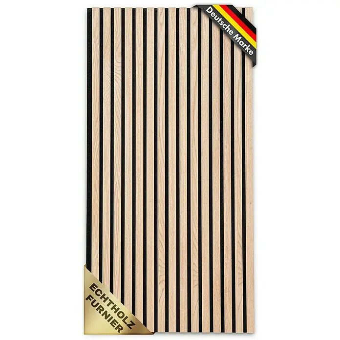 Floordirekt Akustikpaneel Echtholzfurnier 118 x 60 x 2,1 cm White Oak - White Oak, L x B x S: 118 cm x 60 cm x 21 mm, 1 Stk., 0,71 m² - Eine Akustikplatte aus Echtholzfurnier mit dem Aufdruck "Deutsche Marke" und "Echtholz Furnier".
