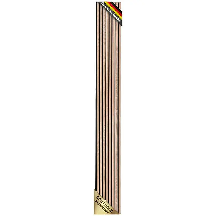 Floordirekt Akustikpaneel Echtholzfurnier 275 x 27 x 2,1 cm Red Oak - Red Oak, L x B x S: 275 cm x 27 cm x 21 mm, 1 Stk., 0,74 m² - Das Bild zeigt eine Nahaufnahme eines Echtholzfurniers, das mit einem "Deutsche Marke"-Siegel und "Echtholz Furnier"-Text versehen ist.