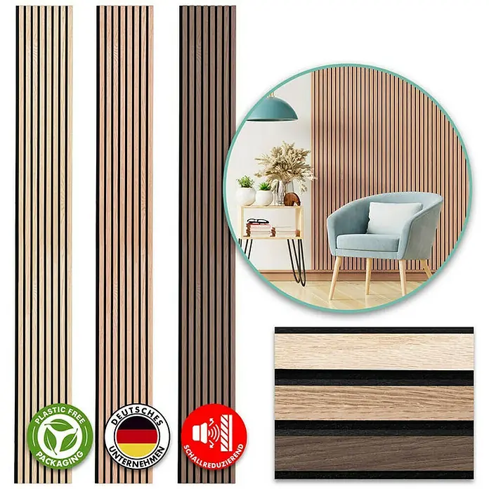 Floordirekt Akustikpaneel Echtholzfurnier 275 x 27 x 2,1 cm Red Oak - Red Oak, L x B x S: 275 cm x 27 cm x 21 mm, 1 Stk., 0,74 m² - Wandpaneele aus Holz in verschiedenen Farben, ideal zur Wandgestaltung und Schallreduzierung. Mit umweltfreundlicher Verpackung und deutscher Herstellung.