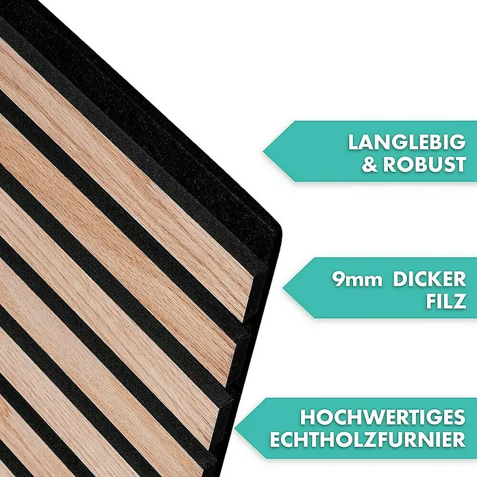 Floordirekt Akustikpaneel Echtholzfurnier 60 x 60 x 2,1 cm Red Oak - Red Oak, 1 Stk., 0,36 m² - Nahaufnahme einer Akustikplatte mit Holzfurnier und Filz.