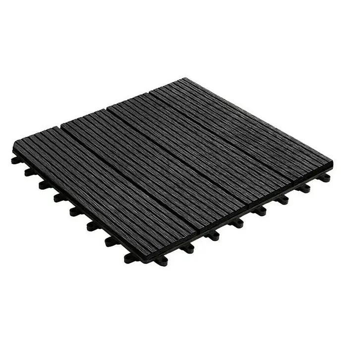 Floordirekt Klickfliese WPC Royal 30 x 30 cm Anthrazit - 30 x 30 x 2,2 cm, 1 Stk. - Hier ist ein quadratisches, schwarzes Terrassenfliesen-Klickfliesen-Element, ideal für Außenbereiche. Es bietet eine einfache Verlegung und stilvolles Design.