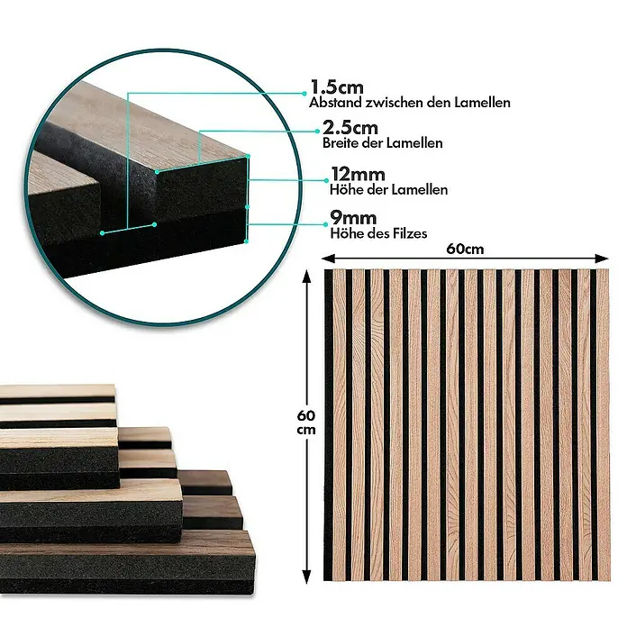 Floordirekt Akustikpaneel Echtholzfurnier 60 x 60 x 2,1 cm Red Oak - Red Oak, 1 Stk., 0,36 m² - Detailaufnahme einer Akustikpaneele mit Holzlamellen auf Filz, Maße 60x60cm. Die Lamellen sind 2,5cm breit, der Abstand beträgt 1,5cm.