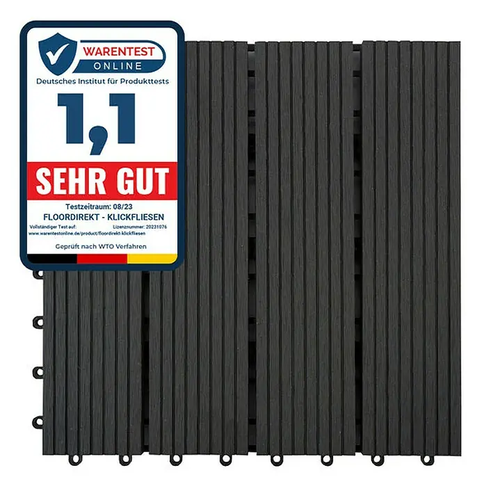 Floordirekt Klickfliese WPC Royal 30 x 30 cm Anthrazit - 30 x 30 x 2,2 cm, 1 Stk. - Nahaufnahme von FLOORDIREKT Klickfliesen mit Warenest Auszeichnung "Sehr Gut" 1,1.