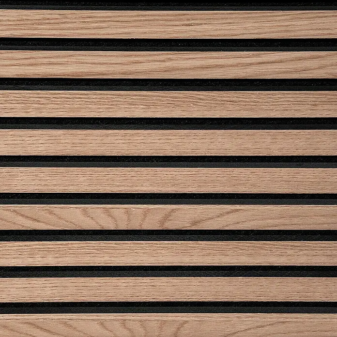 Floordirekt Akustikpaneel Echtholzfurnier 60 x 60 x 2,1 cm Red Oak - Red Oak, 1 Stk., 0,36 m² - Holzpaneel mit schwarzen Akustikstreifen. Das Akustikpaneel ist aus hellem Holz gefertigt und sorgt für eine angenehme Raumakustik.