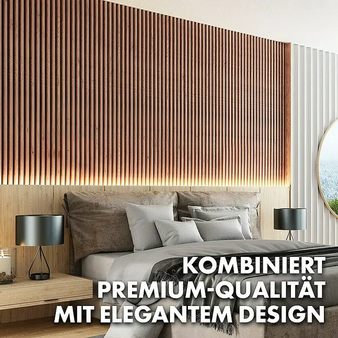 Floordirekt Akustikpaneel Echtholzfurnier 60 x 60 x 2,1 cm Red Oak - Red Oak, 1 Stk., 0,36 m² - Schlafzimmer mit elegantem Holzwandpaneel und warmen Lichtern, das ein luxuriöses Ambiente schafft.