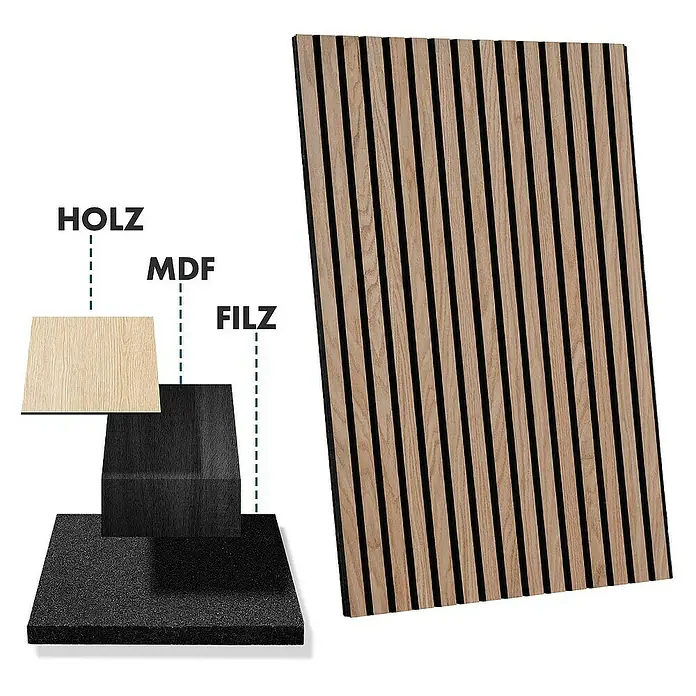 Floordirekt Akustikpaneel Echtholzfurnier 60 x 60 x 2,1 cm Red Oak - Red Oak, 1 Stk., 0,36 m² - Akustikpaneel mit Holz-, MDF- und Filzschicht für Schallabsorption und stilvolle Wandgestaltung.