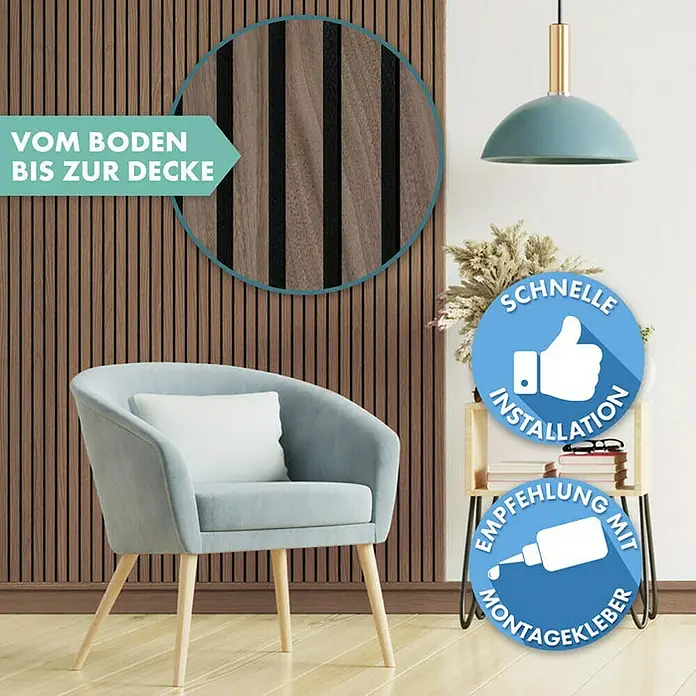 Floordirekt Akustikpaneel Echtholzfurnier 275 x 27 x 2,1 cm Black Walnut - Black Walnut, L x B x S: 275 cm x 27 cm x 21 mm, 1 Stk., 0,74 m² - Holzpaneele an der Wand mit einfacher Montage. Empfehlung mit Montagekleber vom Boden bis zur Decke für ein elegantes Ambiente.