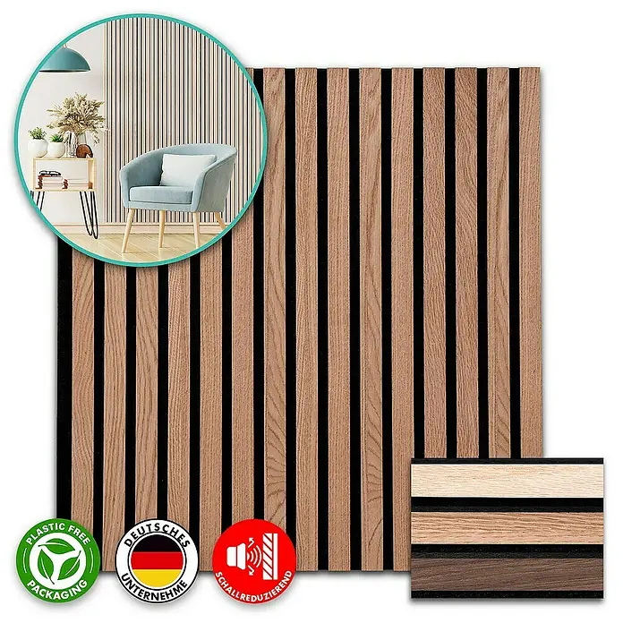 Floordirekt Akustikpaneel Echtholzfurnier 60 x 60 x 2,1 cm Red Oak - Red Oak, 1 Stk., 0,36 m² - Akustikpaneel mit Holzlatten und schwarzem Filz, umgeben von Logos für umweltfreundliche Verpackung und deutsche Herstellung.