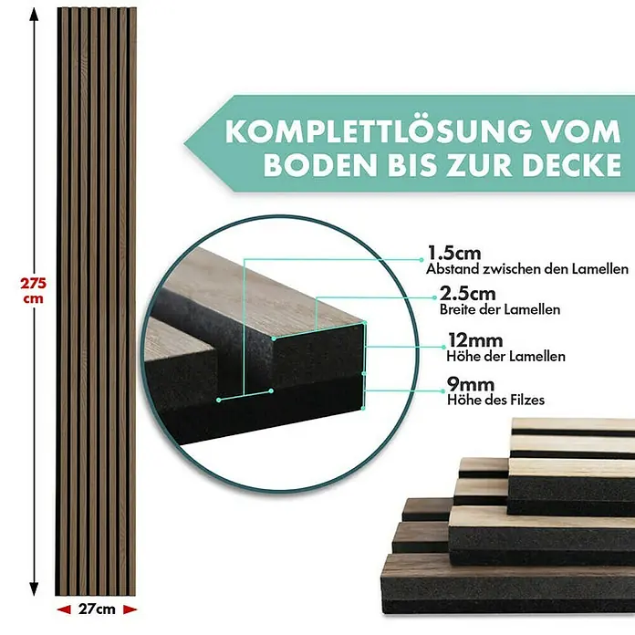 Floordirekt Akustikpaneel Echtholzfurnier 275 x 27 x 2,1 cm Black Walnut - Black Walnut, L x B x S: 275 cm x 27 cm x 21 mm, 1 Stk., 0,74 m² - Produktbild einer Akustikpaneele mit Filzunterlage, Maße 275cm hoch und 27cm breit, Detailaufnahme der Lamellenstruktur mit Maßangaben.