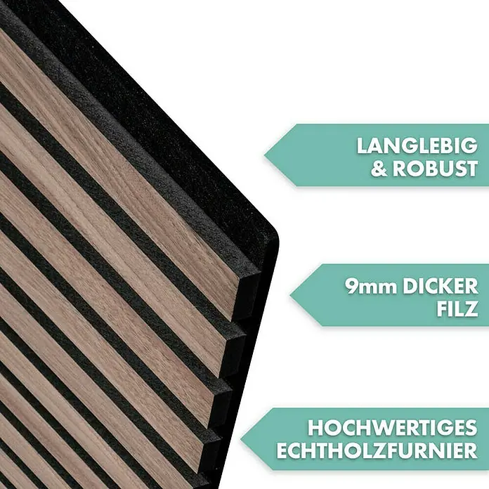 Floordirekt Akustikpaneel Echtholzfurnier 275 x 27 x 2,1 cm Black Walnut - Black Walnut, L x B x S: 275 cm x 27 cm x 21 mm, 1 Stk., 0,74 m² - Produktbild einer Akustikplatte mit Filz und Echtholzfurnier, die langlebig und robust ist.