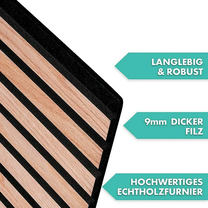 Floordirekt Akustikpaneel Echtholzfurnier 118 x 60 x 2,1 cm Red Oak - Red Oak, 1 Stk., 0,71 m² - Detailaufnahme einer Akustikplatte mit Echtholzfurnier, 9mm Filz und Hinweisen auf Langlebigkeit und Robustheit.