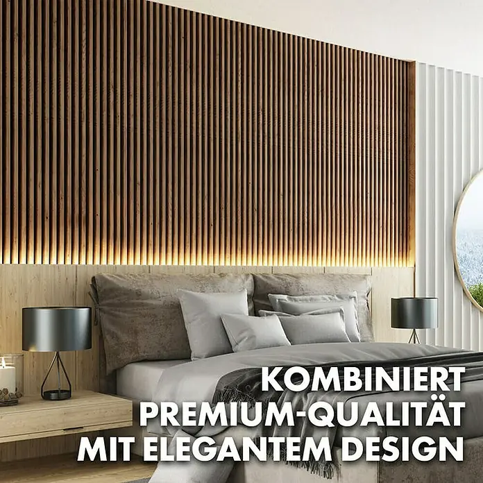 Floordirekt Akustikpaneel Echtholzfurnier 275 x 27 x 2,1 cm Black Walnut - Black Walnut, L x B x S: 275 cm x 27 cm x 21 mm, 1 Stk., 0,74 m² - Schlafzimmer mit Akustikpaneelen in Holzoptik und indirekter Beleuchtung. Die Paneele verbinden Premium-Qualität mit elegantem Design.